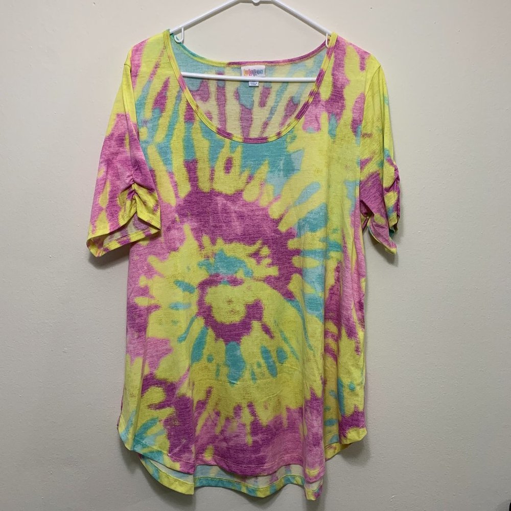 LuLaRoe Morgan- Bright Yellow/Teal/Purple Tie-Dyed